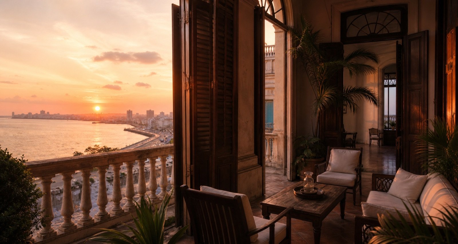 Private Havana terrace overlooking the coast at sunset
