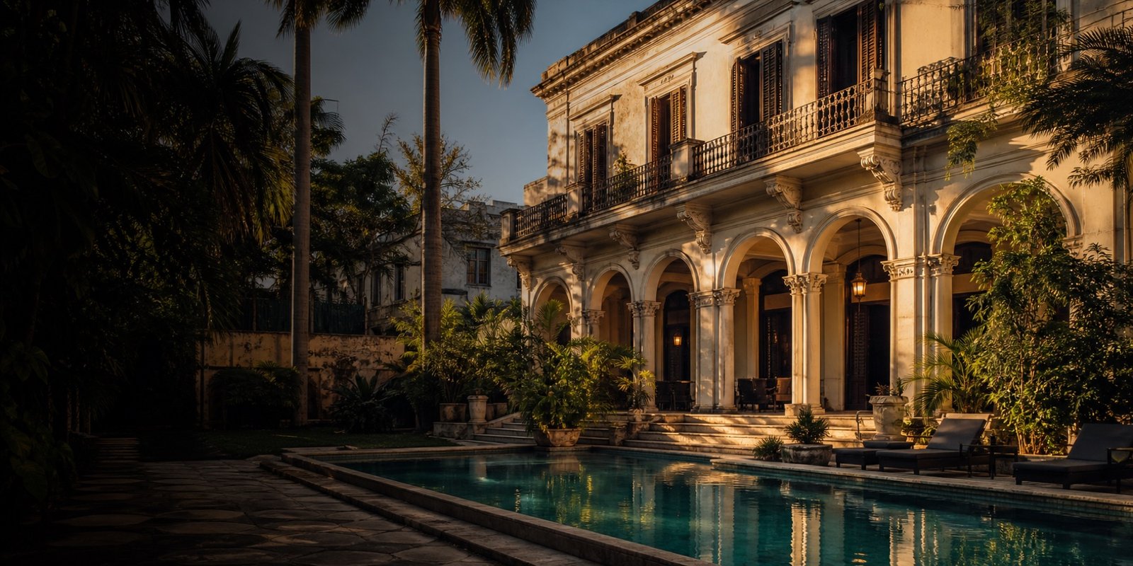 Restored private mansion with a pool in Havana at golden hour