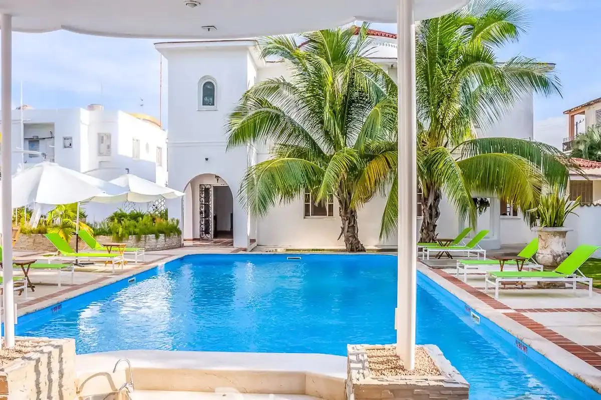 Private pool and covered terrace at Mansion El Duque in Miramar