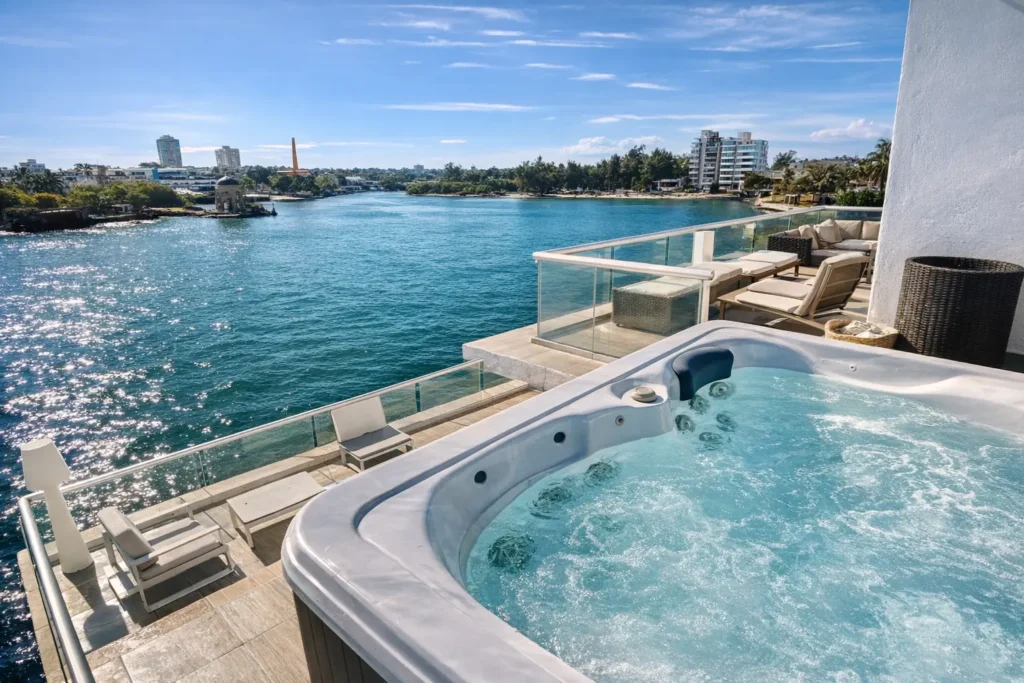 Jacuzzi beside the pool and panoramic water view at Penthouse Rio Mar