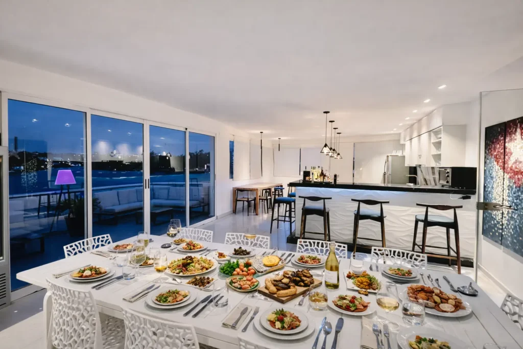 Open kitchen and dining area overlooking the water at Penthouse Rio Mar
