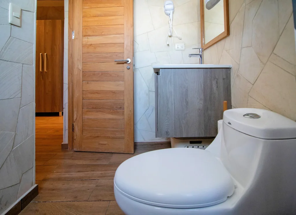 Stone and timber bathroom inside The Loft