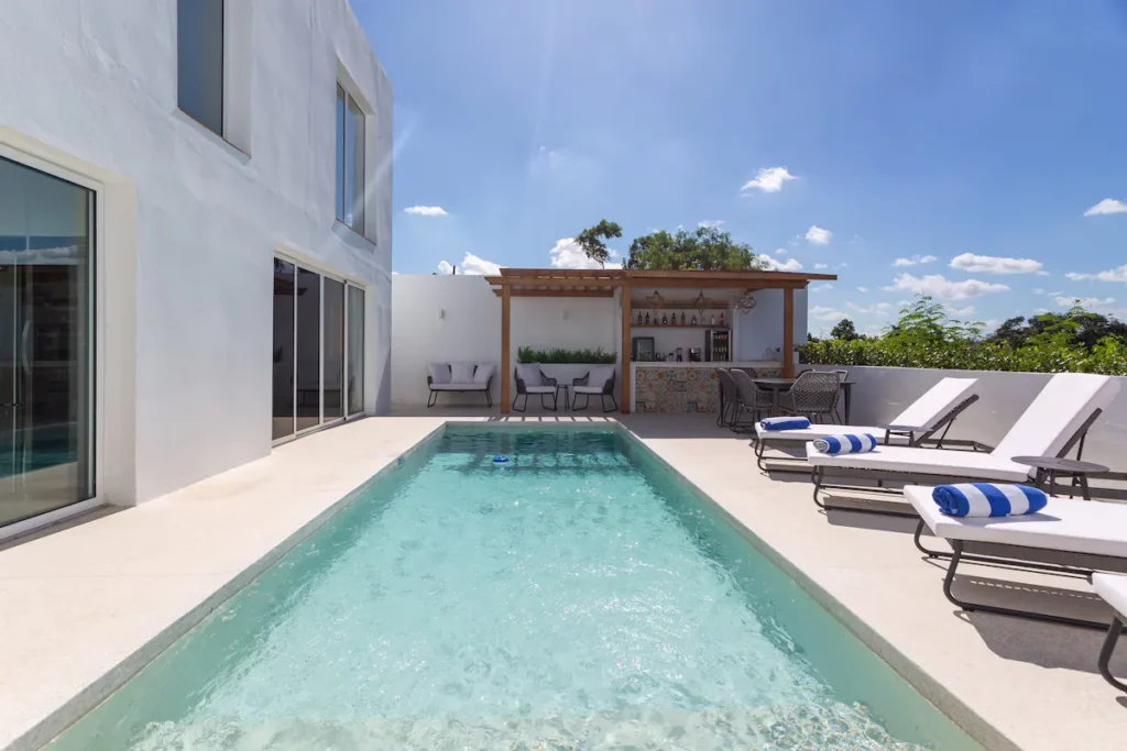 Private pool and shaded bar terrace at Villa Bella