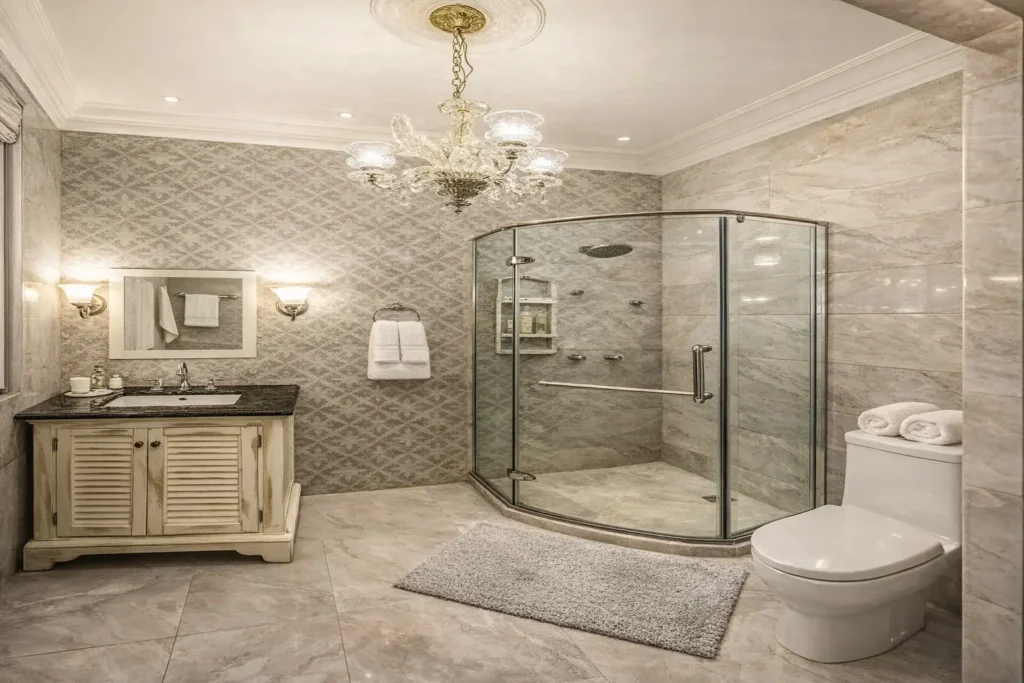 Large ensuite bathroom with walk-in shower at Villa Castle