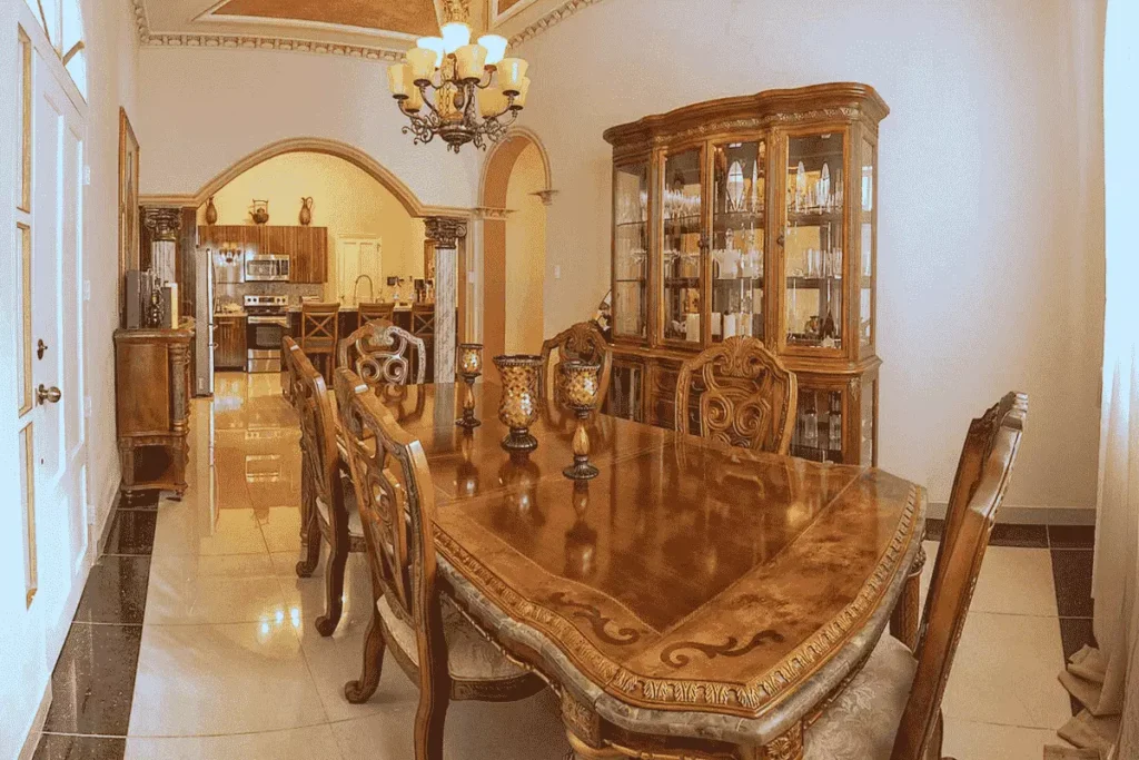 Formal timber dining room inside Villa Costa