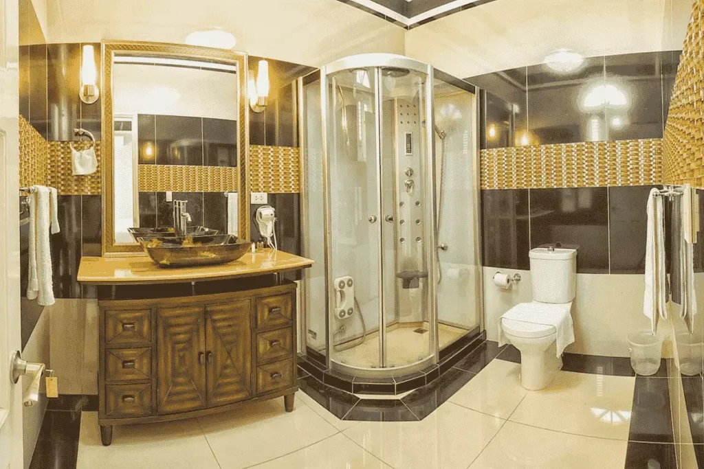 Guest bathroom with glass shower at Villa Costa