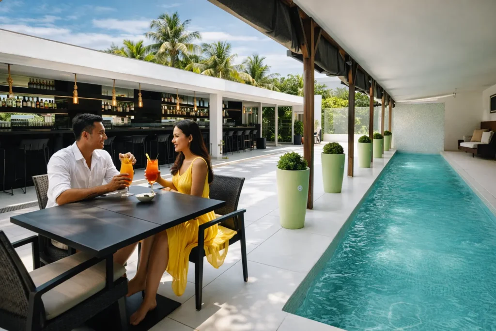 Covered dining beside the pool at Villa Dream