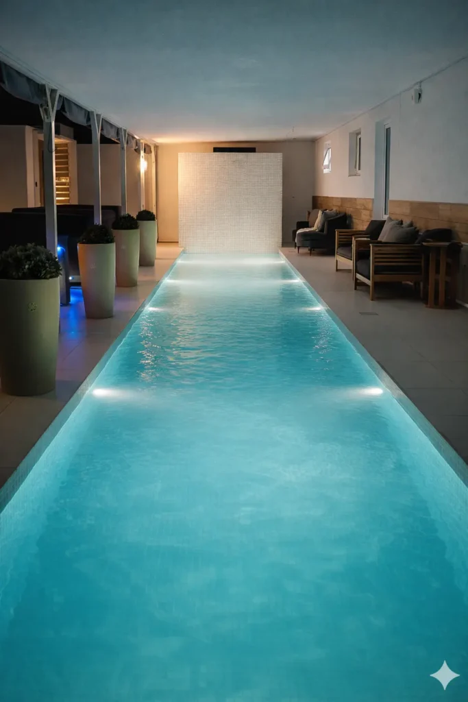 Illuminated courtyard pool at Villa Dream
