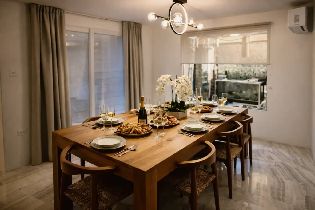 Dining room arranged for a group at Villa Dream