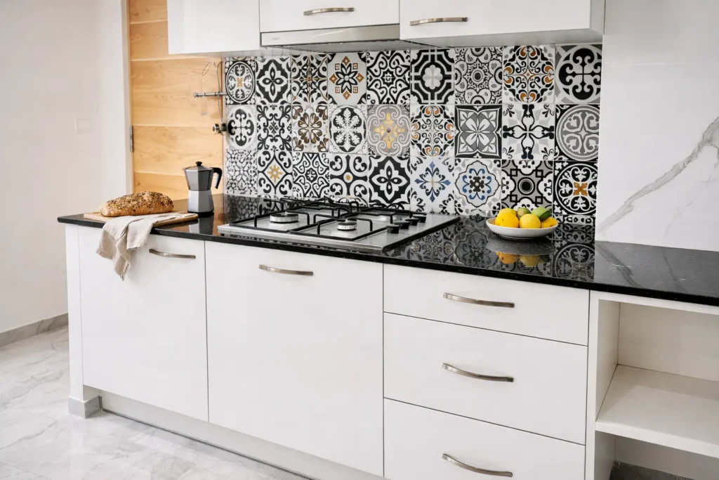White kitchen with patterned backsplash at Villa Dream