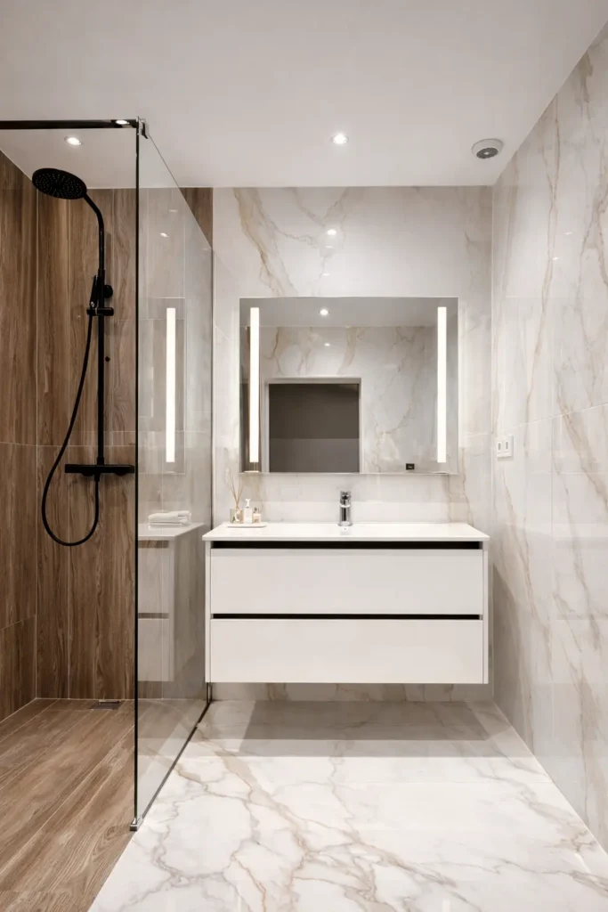 Bathroom vanity and dark shower at Villa Dream