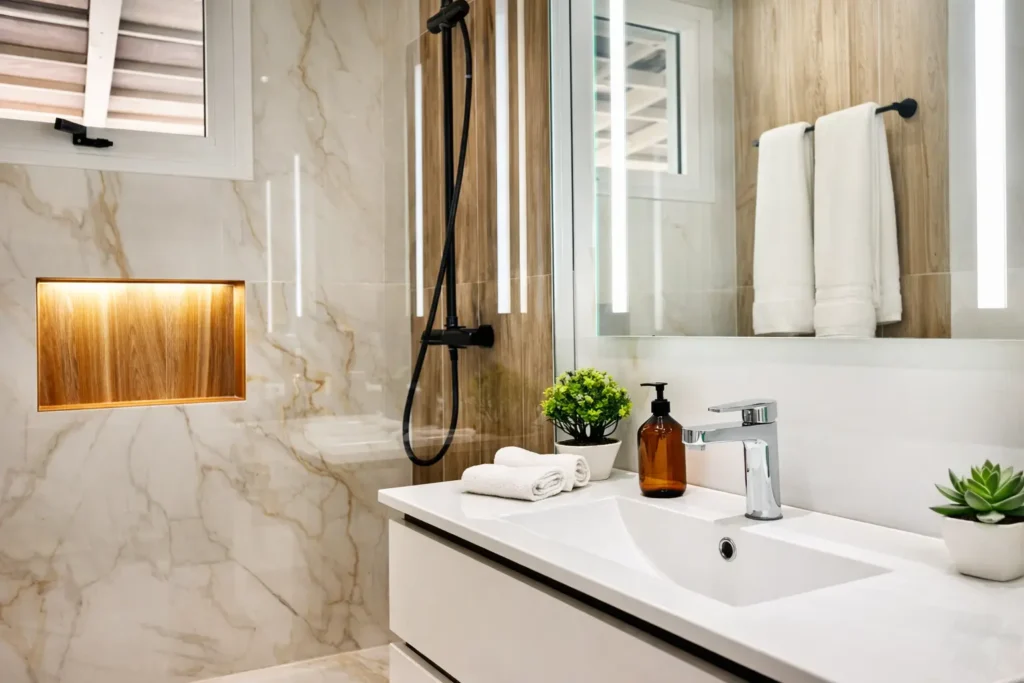 Bright bathroom with illuminated vanity at Villa Dream