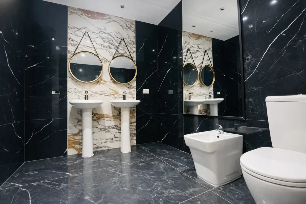 Black marble bathroom and shower at Villa Dream