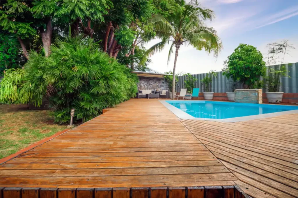 Timber deck leading through the Villa Las Cañas garden