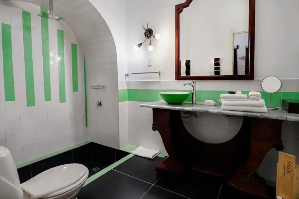 Black white and green bathroom at Villa Las Cañas