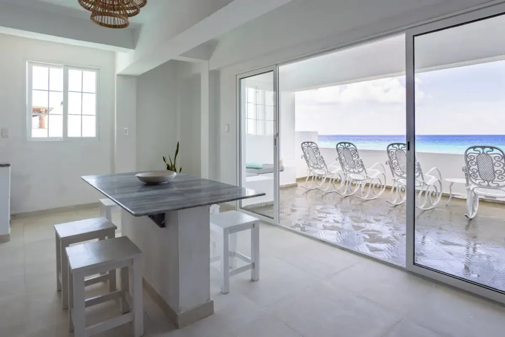 Open kitchen beside the ocean terrace at Villa Luca