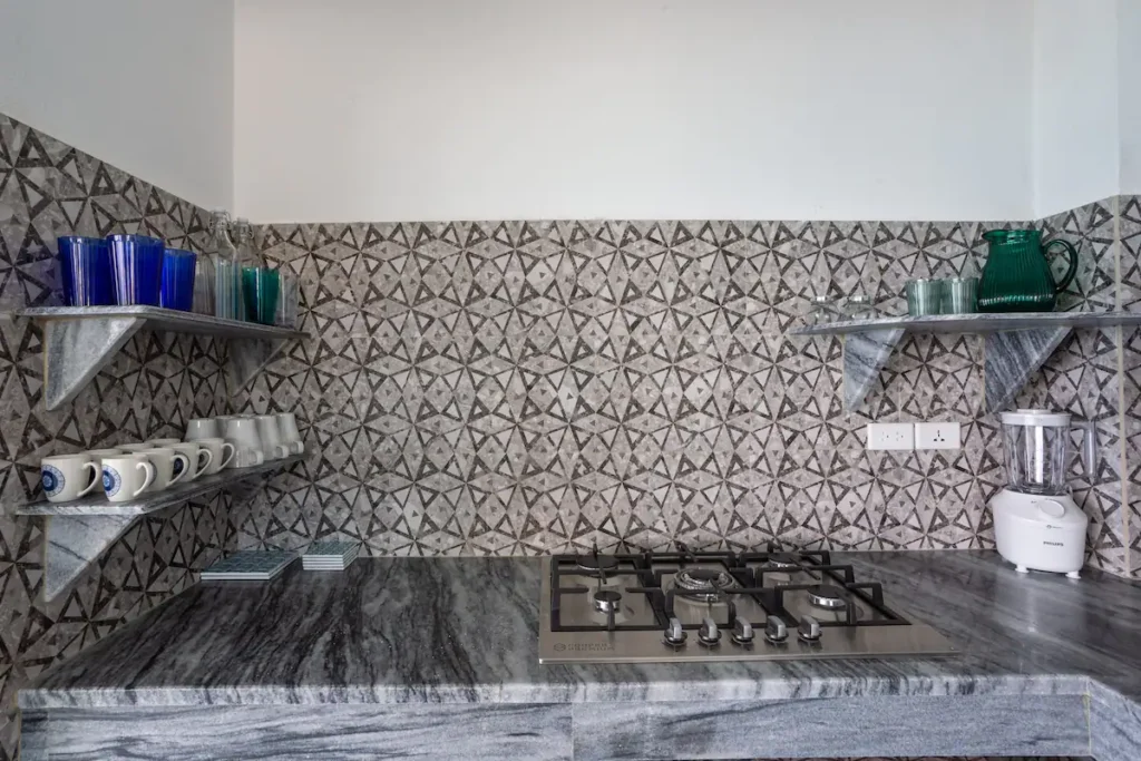 Patterned kitchen workspace inside Villa Luca