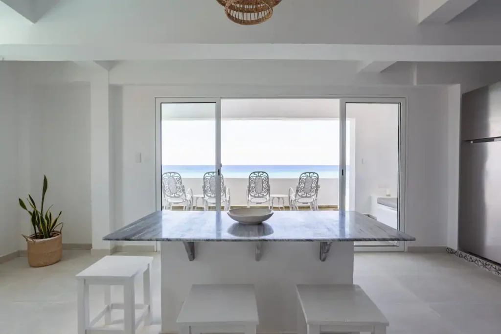 Ocean-facing breakfast counter inside Villa Luca