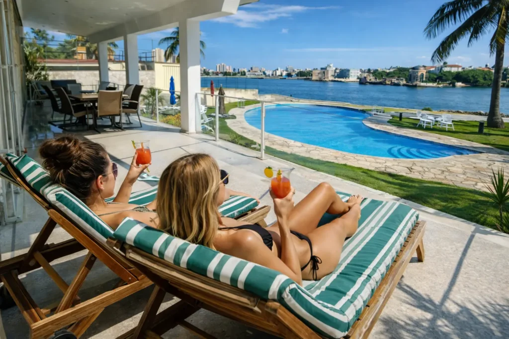 Covered terrace overlooking the pool at Luxury Rio Mar