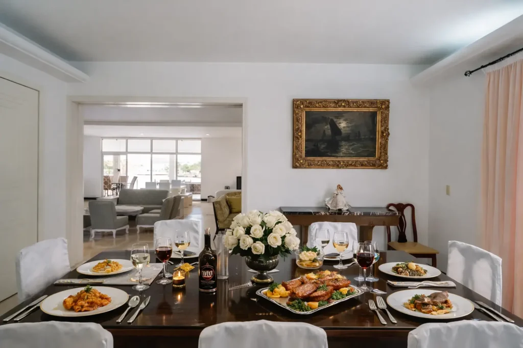Comedor preparado para una comida de grupo en Luxury Rio Mar
