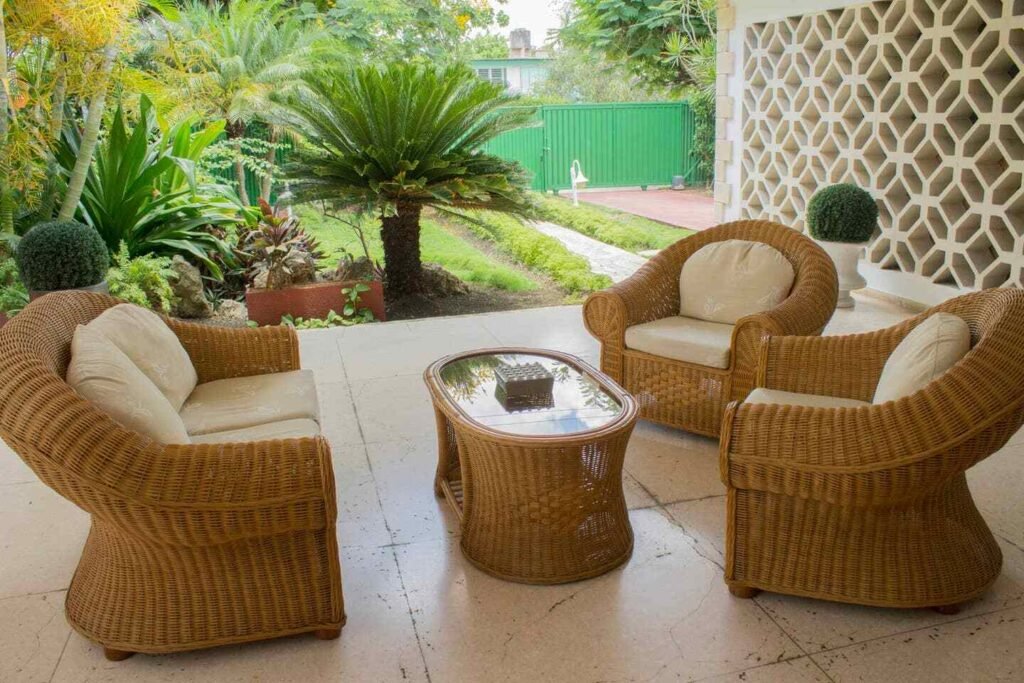 Covered wicker seating at Villa Maison