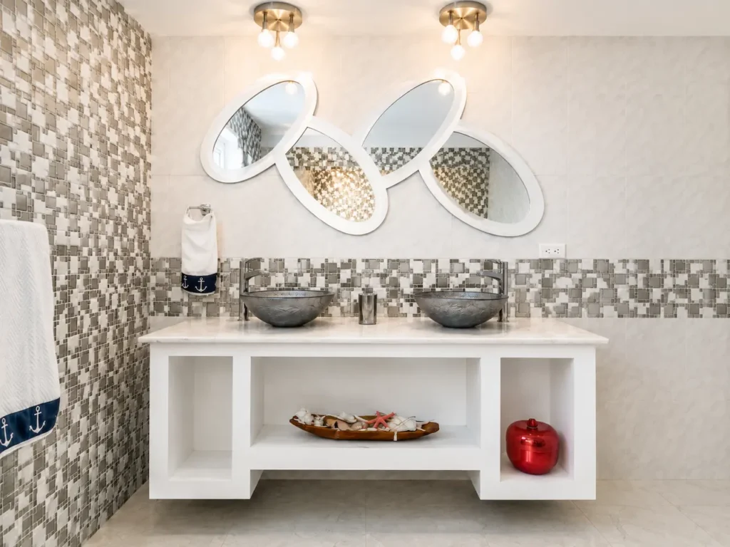 Bright bathroom and vanity at Villa Palm Cay