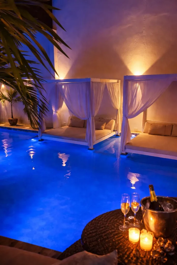 Curtained poolside daybed at Villa Pat in Miramar
