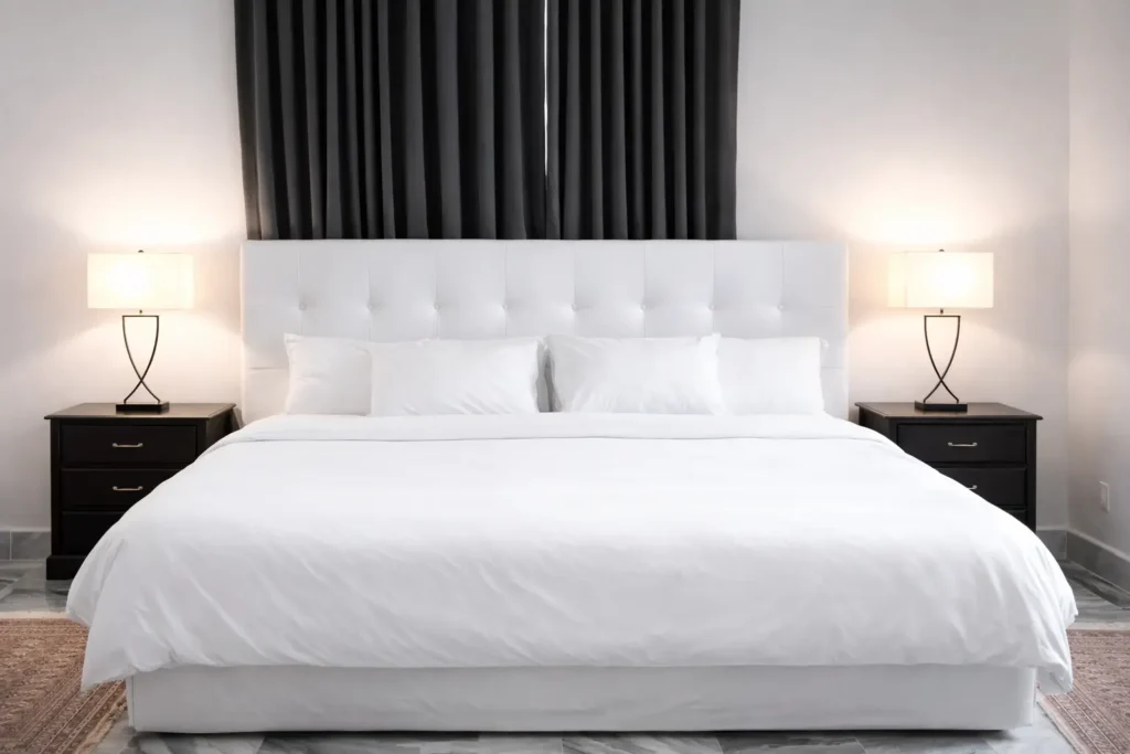 King bedroom with white upholstered headboard at Villa Pat