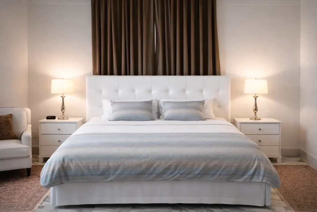 King bedroom with pale bedding inside Villa Pat