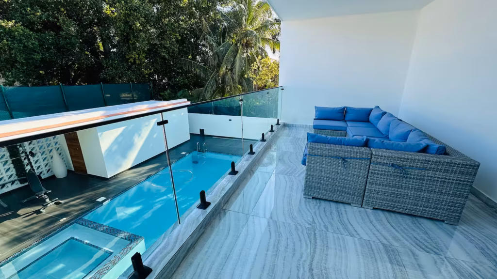 Upper terrace overlooking the pool at Villa Venezia